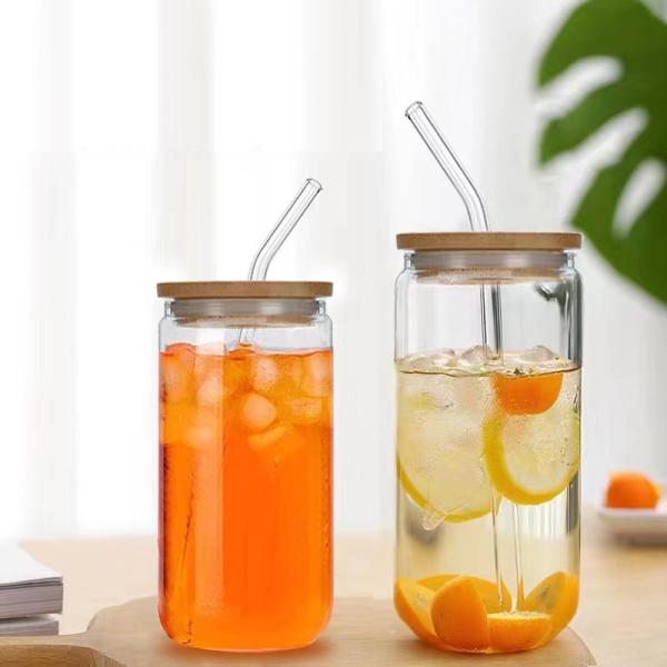 400ML Heat Cold Resistant Borosilicate Glass Cups Mason Jars Beer  With Bamboo Lids and Straw
