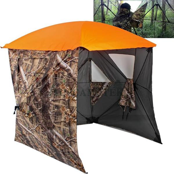 AUSCAMOTEK 3W See Through Pop Up Ground Blind Hub Style 3-Panels Blinds with Removable Orange Blaze Top for Deer Tuckey Duck Hunting